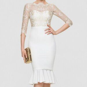 NWT JJs House Trumpet/Mermaid Scoop Knee-Length Lace Stretch Crepe Wedding Dress